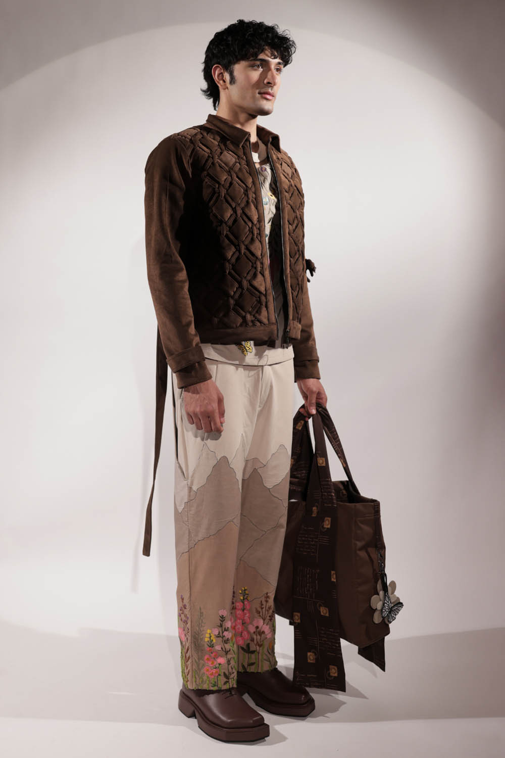 Beige Suede Mountain Patchwork Pants