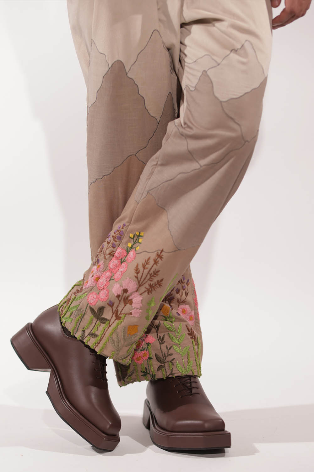 Beige Suede Mountain Patchwork Pants