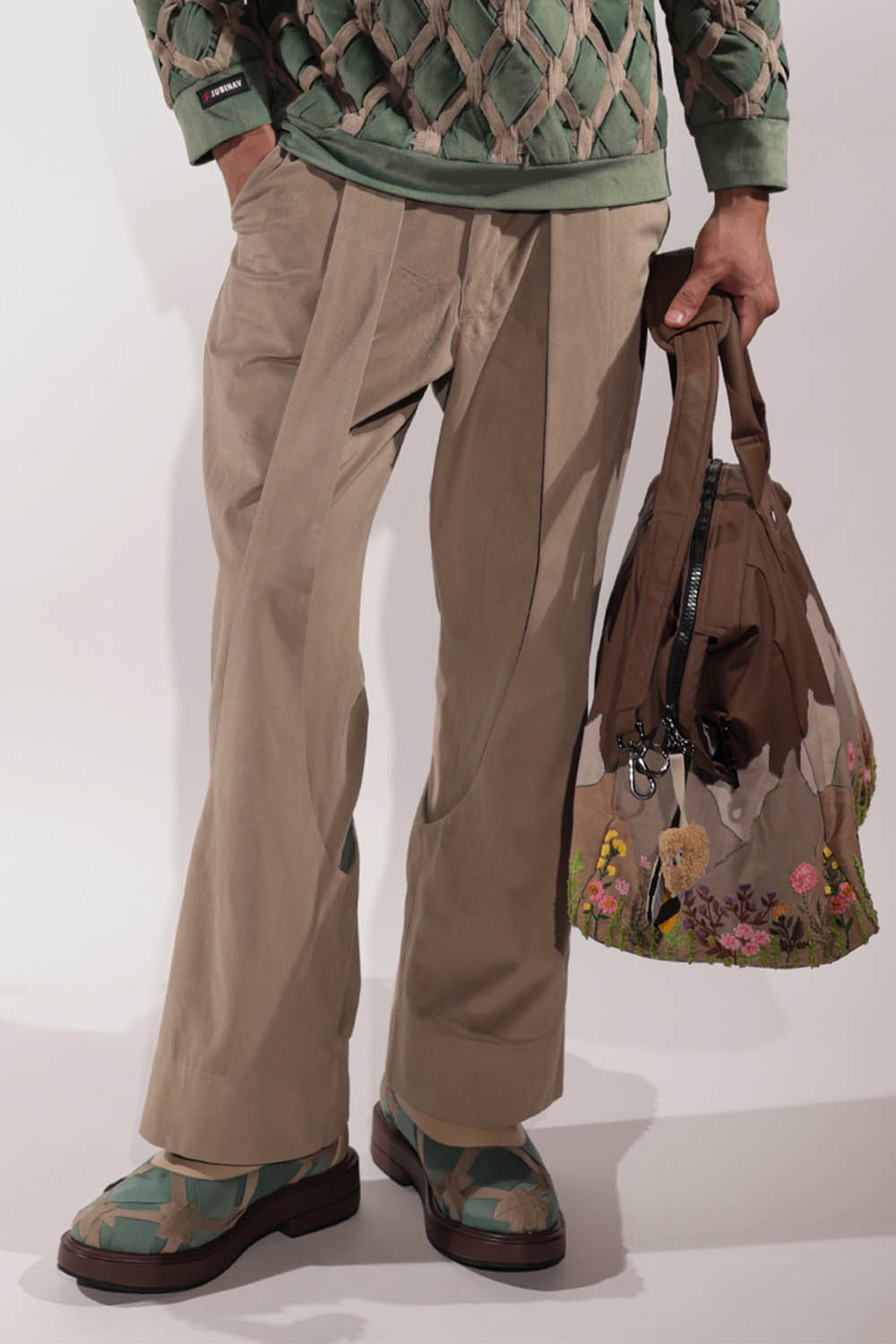 Beige Suede Panelled Pants