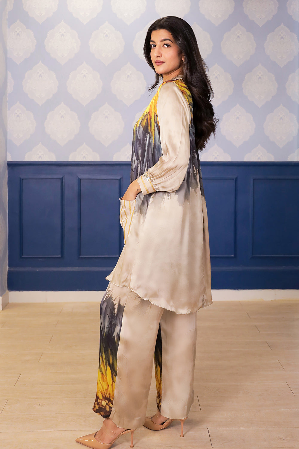 Beige Sunflower Print Satin Co-ord Set with Chanderi Foil Pocket Detailing