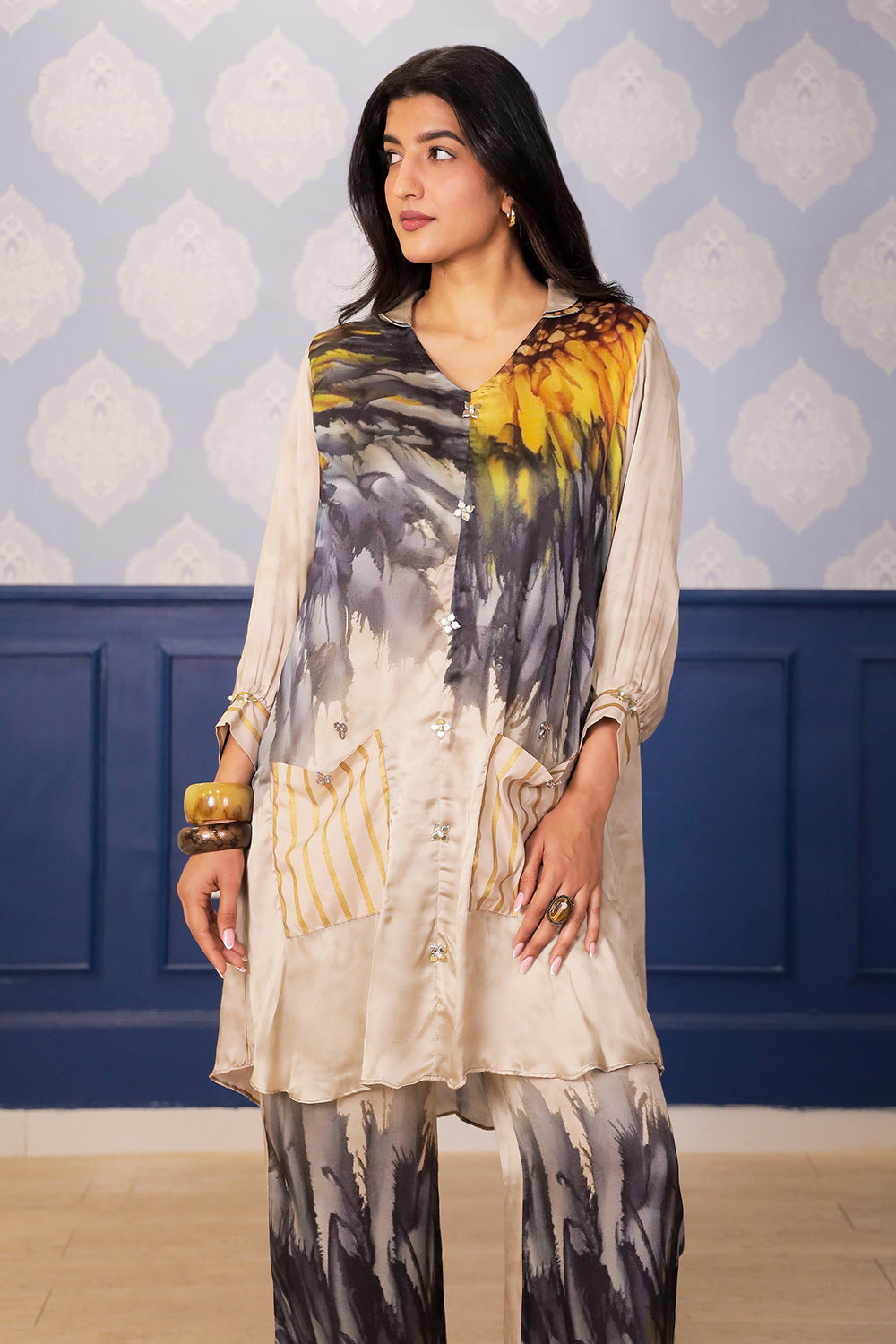 Beige Sunflower Print Satin Co-ord Set with Chanderi Foil Pocket Detailing