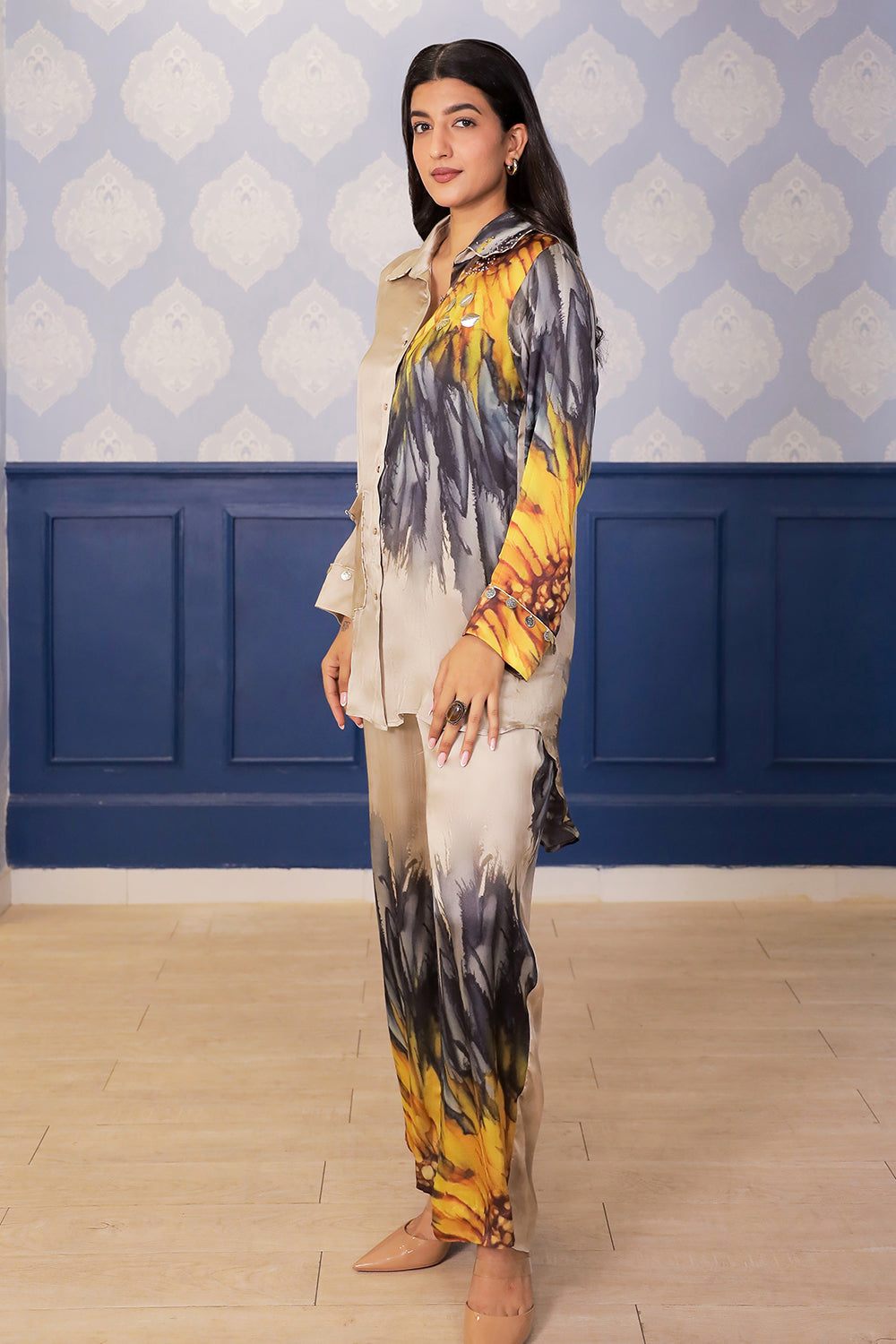 Beige Sunflower Print Satin Co-ord Set with Metallic Button & Bead Detailing