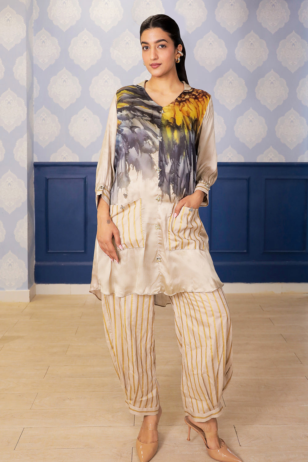 Beige Sunflower Print Satin Kurta with Chanderi Foil Farsi Salwar & Metallic Detailing