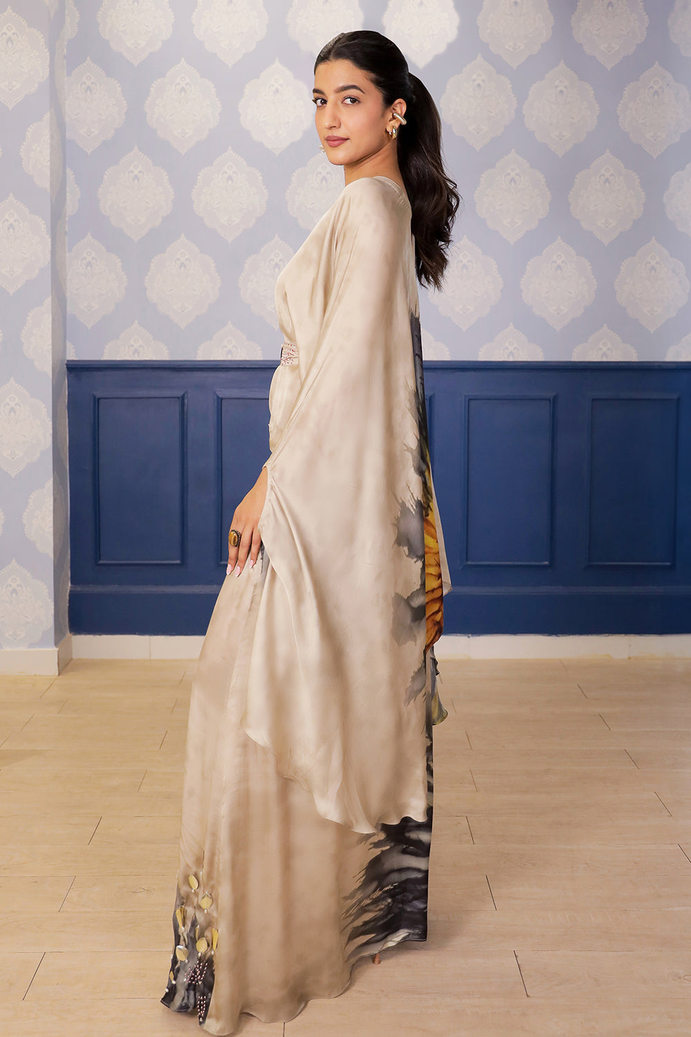 Beige Sunflower Print Satin Skirt Set with Embellished Belt & Asymmetric Kimono Blouse