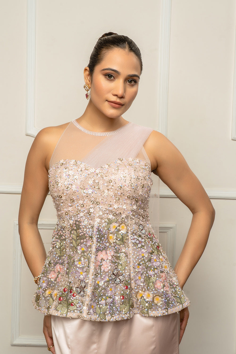 Biege embroidered top with skirt