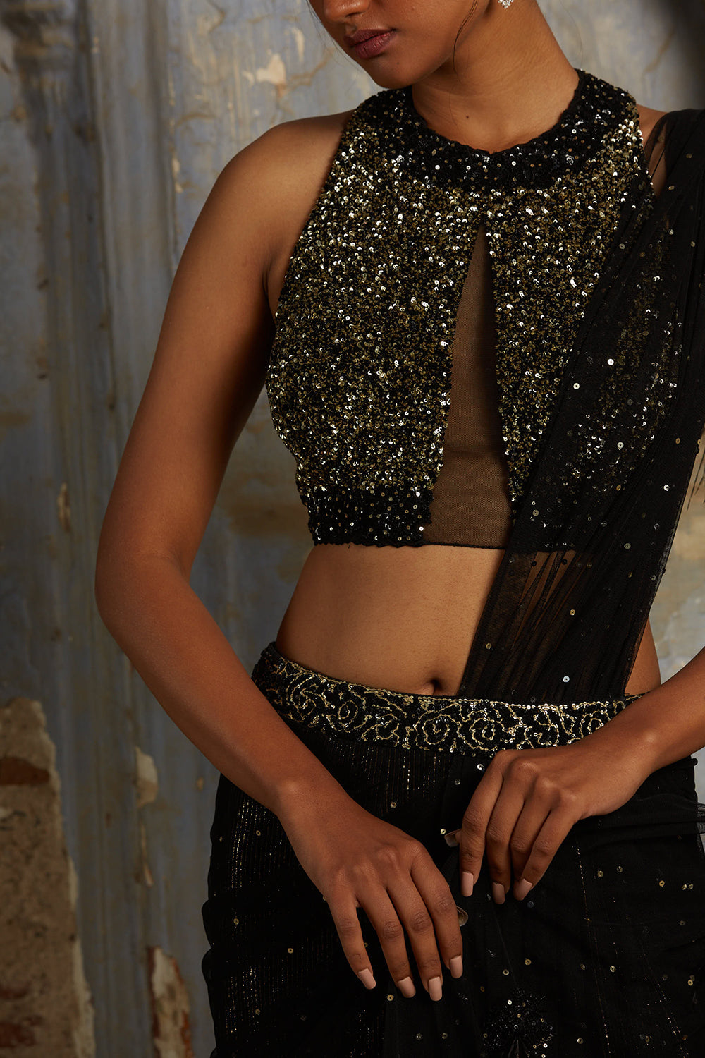 Black And Gold Drape Saree