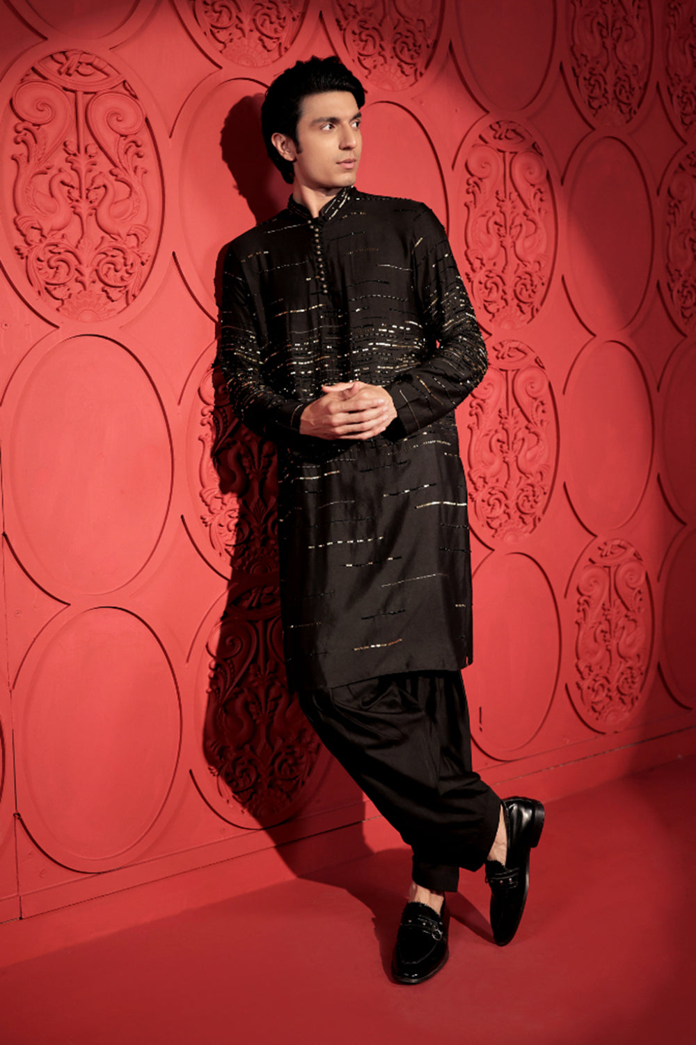 Black and Gold Embroidered Kurta Set