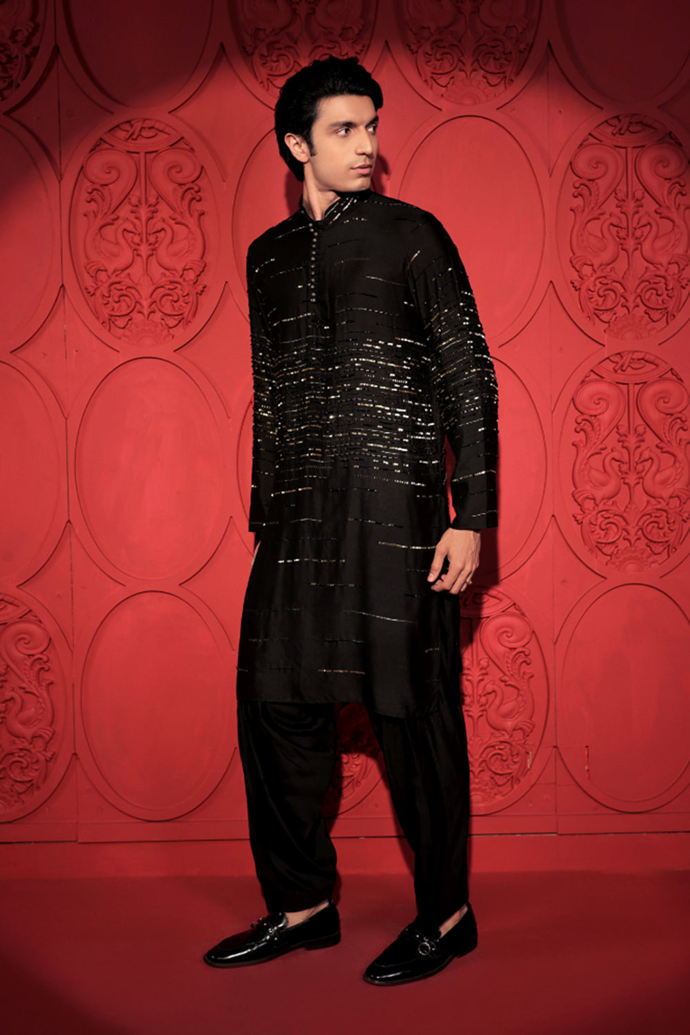 Black and Gold Embroidered Kurta Set