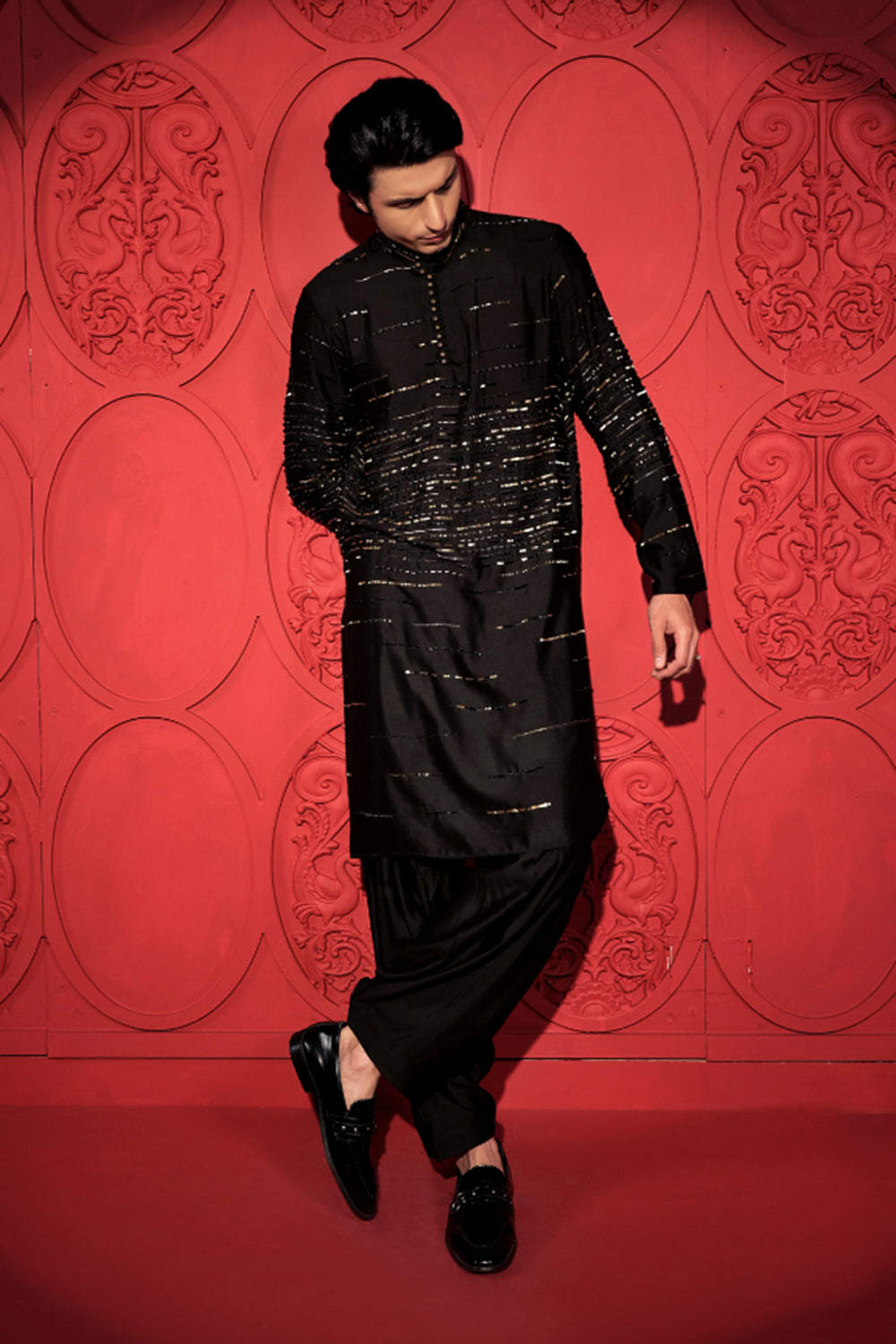 Black and Gold Embroidered Kurta Set