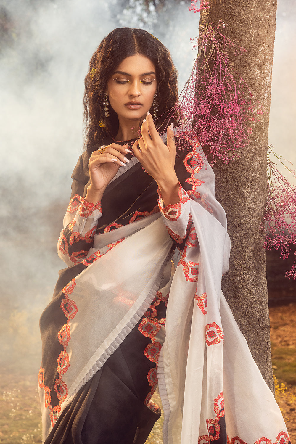 Black And White Organza Patchwork Saree
