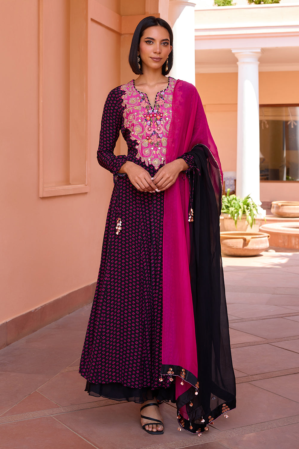 Black bandhani front slit anarakali with sharara and dupatta