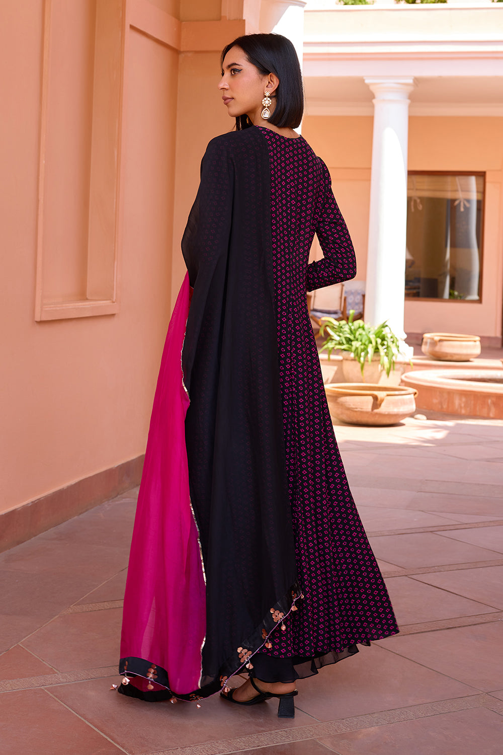 Black bandhani front slit anarakali with sharara and dupatta