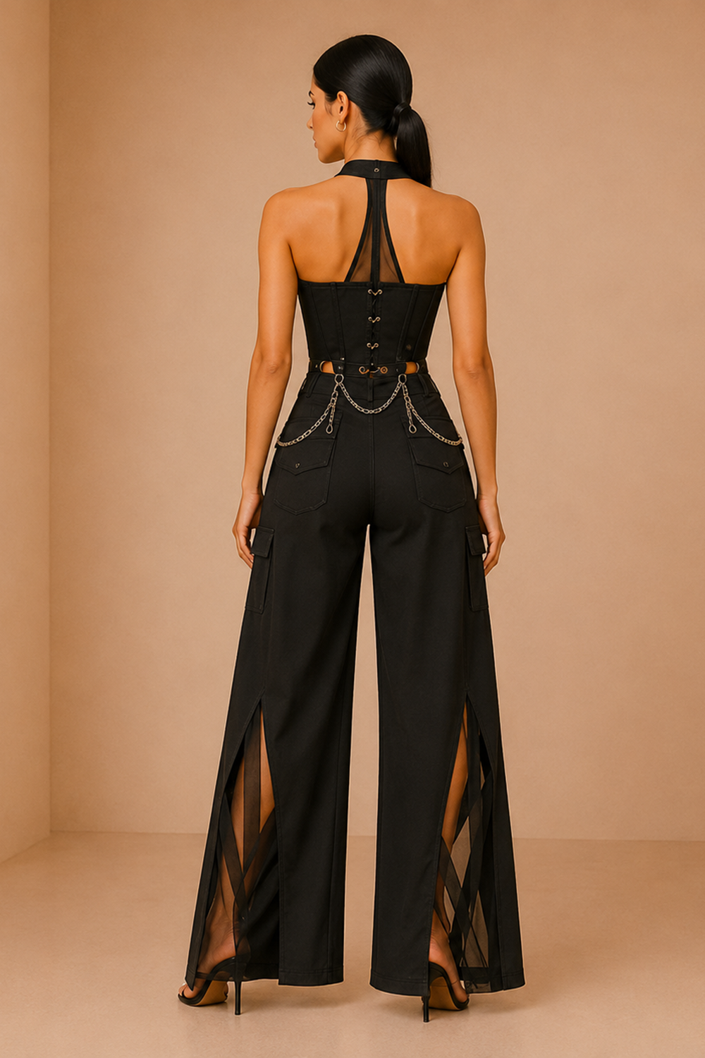 Black Chain Detail Corset Top & Statement Wide-Leg Pants Set