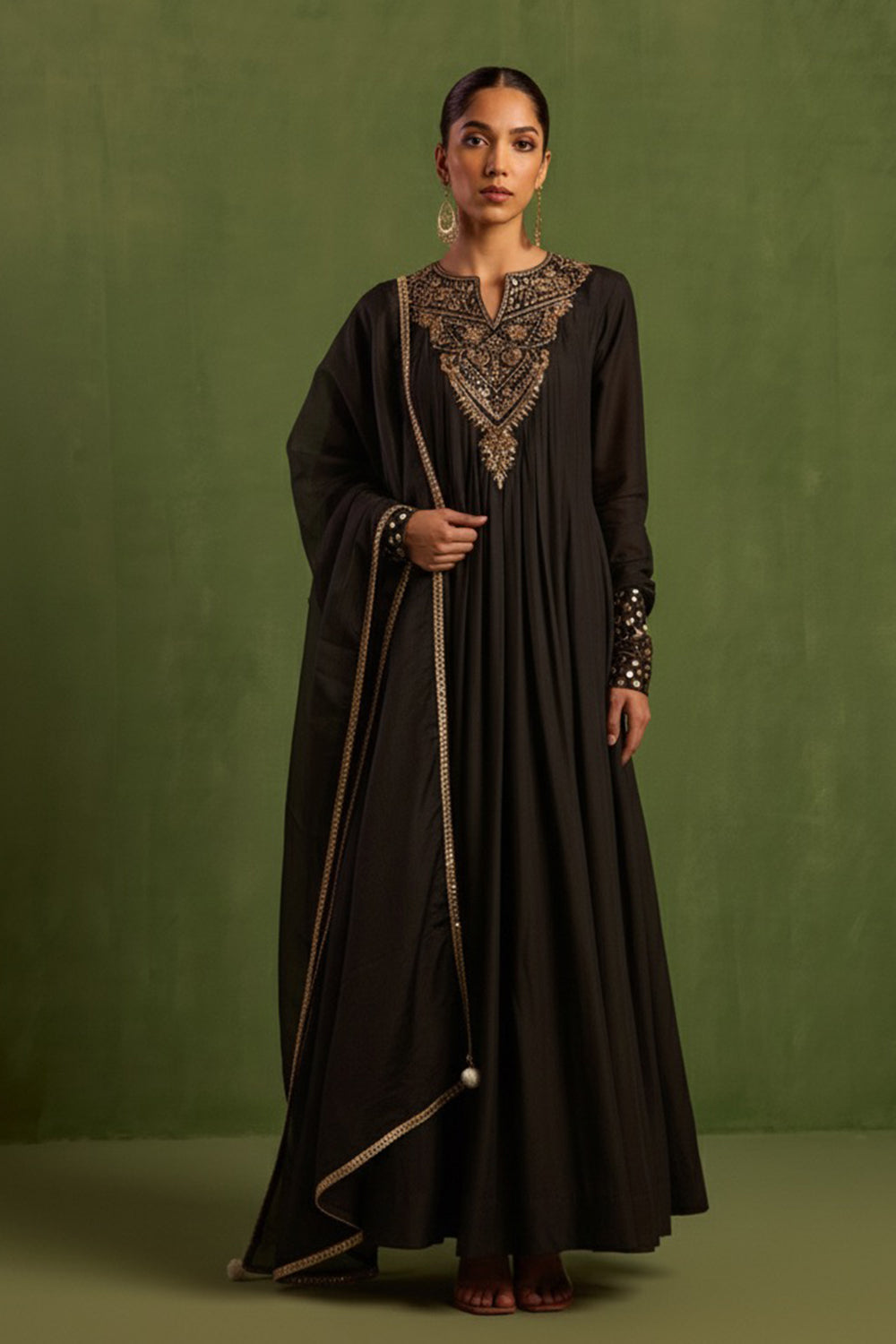 Black Chanderi Silk Hand Embroidered Kurta Set
