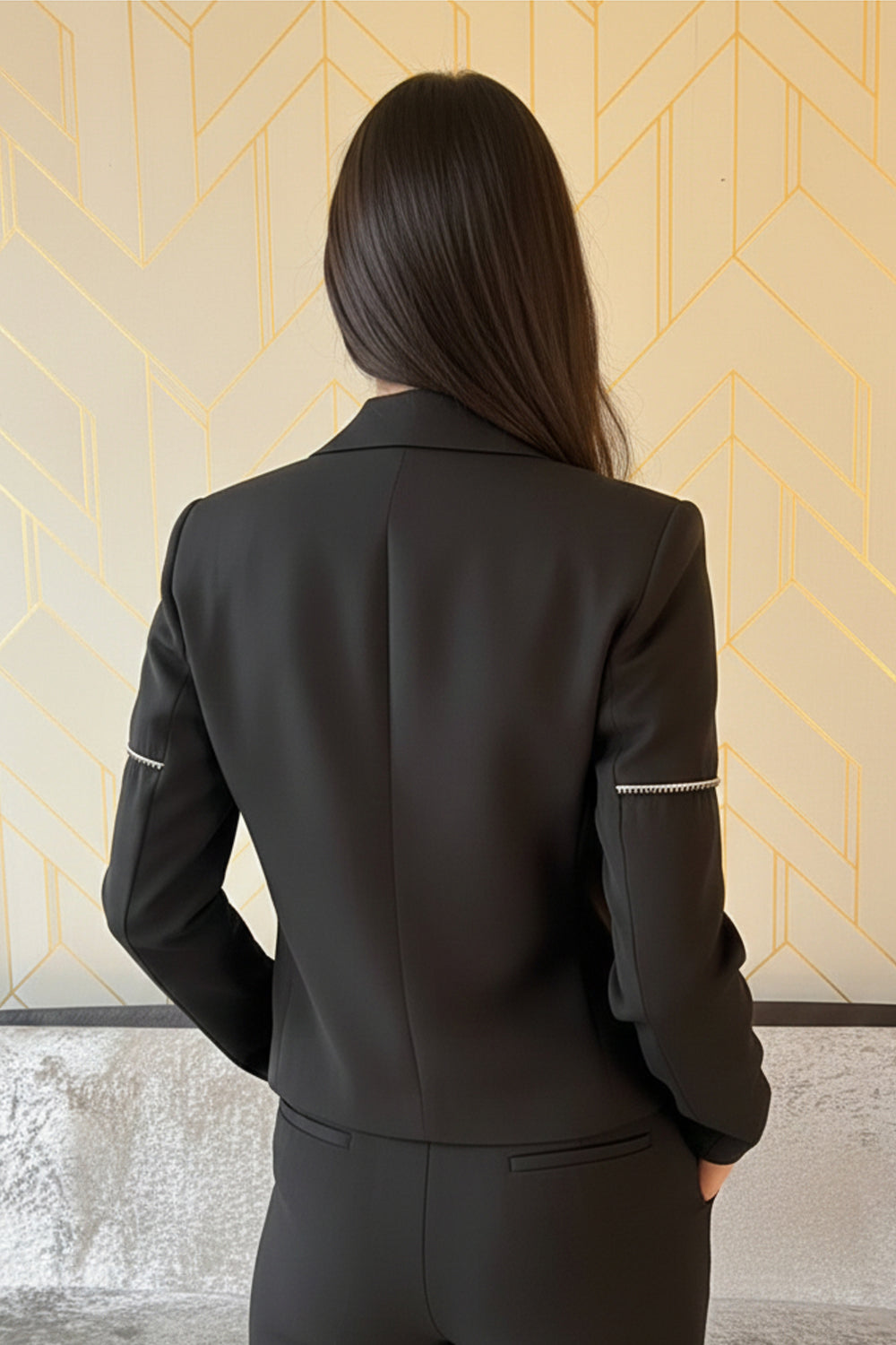 Black Coat
with White Piping Detailing and Gold Rhinestone String