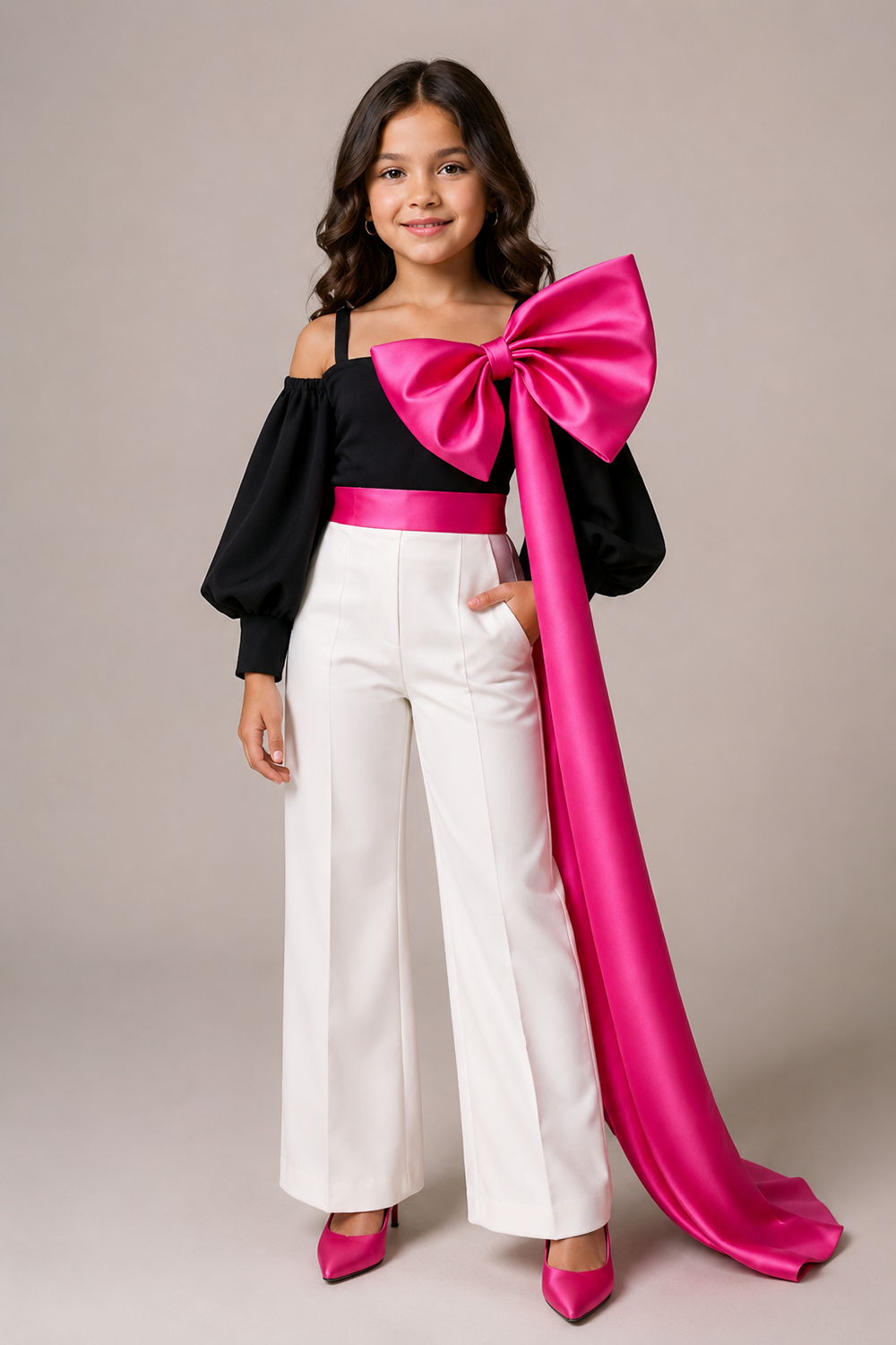 Black Cold Shoulder Jumpsuit With And Detachable Oversized Fuchsia Statement Bow