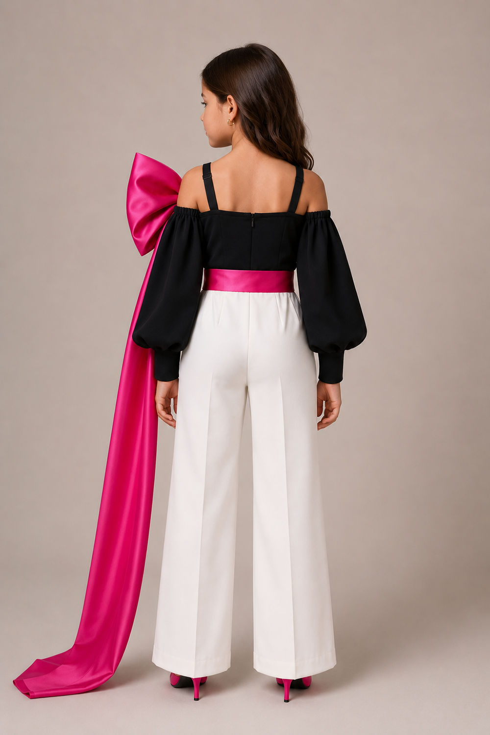 Black Cold Shoulder Jumpsuit With And Detachable Oversized Fuchsia Statement Bow