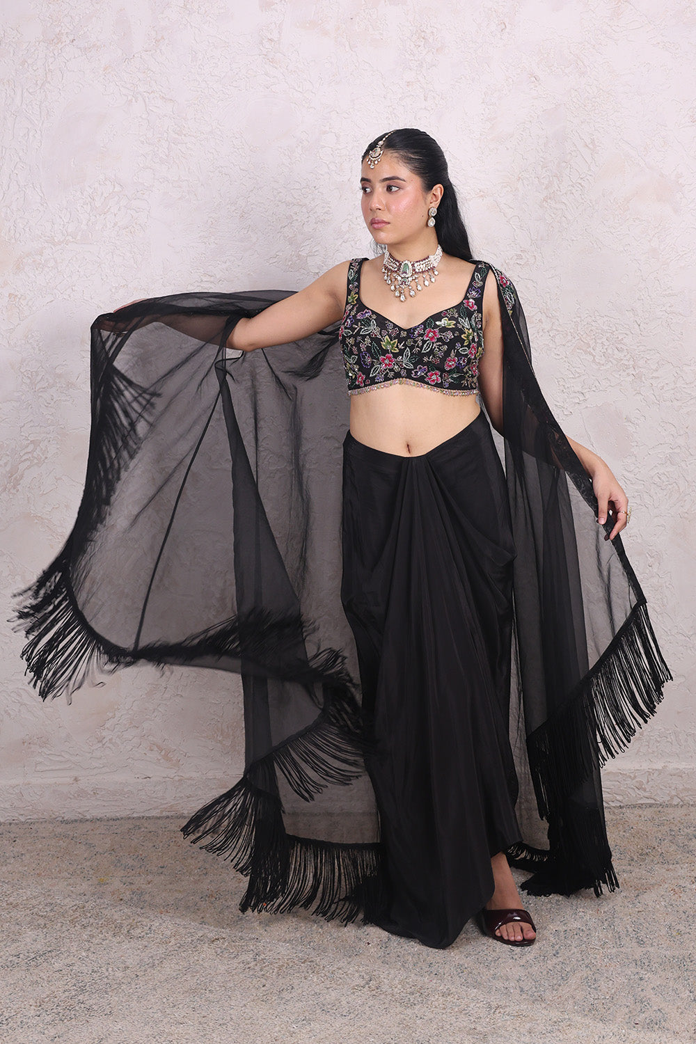 Black Draped Skirt with Multi Colour Embellished Top and Organza Cape set