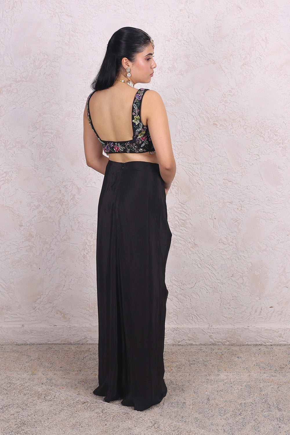 Black Draped Skirt with Multi Colour Embellished Top and Organza Cape set