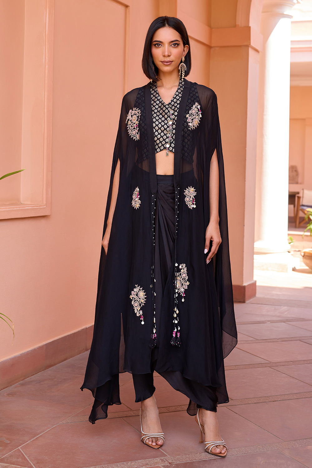 Black embroidered cape with waistcoat and drape skirt