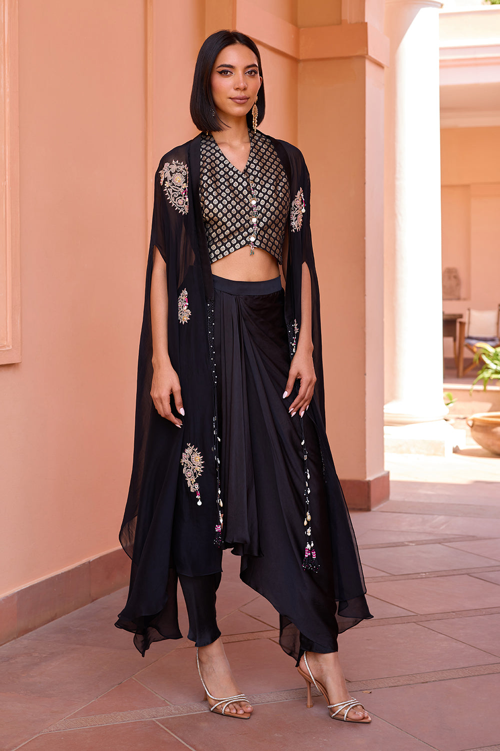 Black embroidered cape with waistcoat and drape skirt