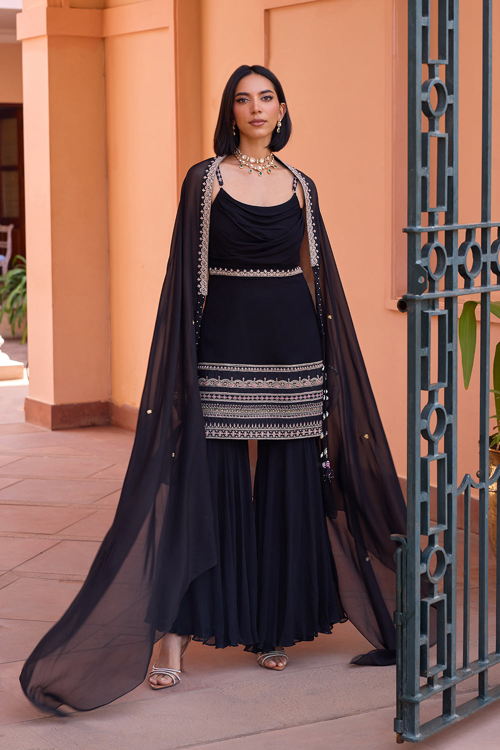 Black embroidered drape sharara set with concept dupatta
