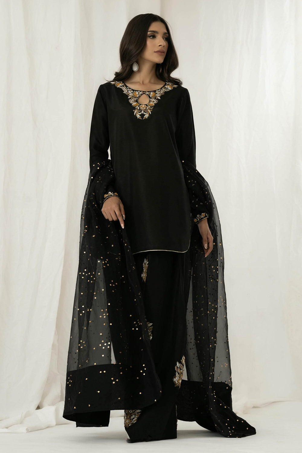Black Embroidered Kurta Farshi Salwar Set with Dupatta