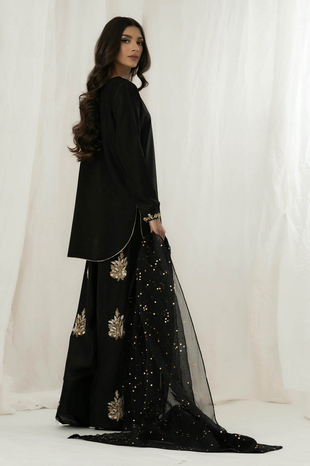 Black Embroidered Kurta Farshi Salwar Set with Dupatta