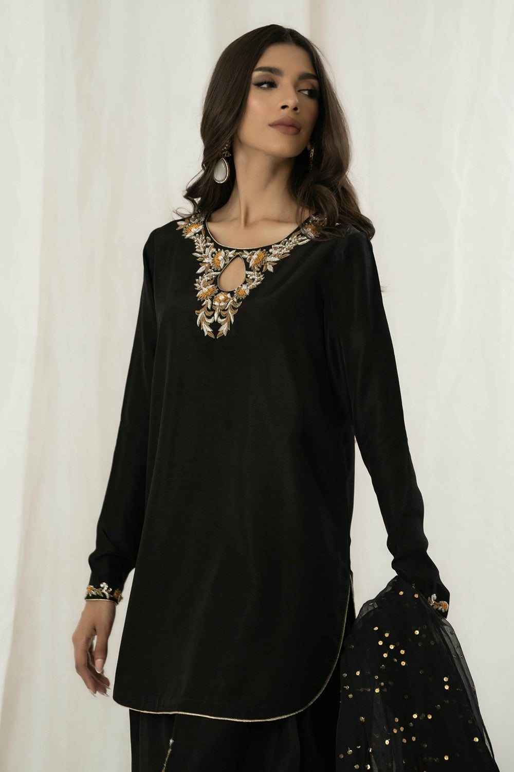 Black Embroidered Kurta Farshi Salwar Set with Dupatta