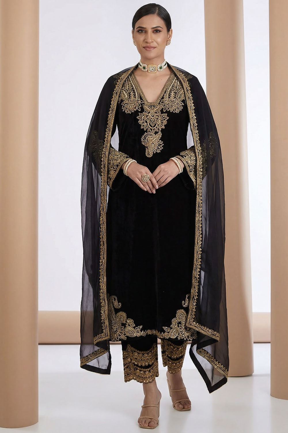 Black Embroidered Kurta Set with Organza Dupatta