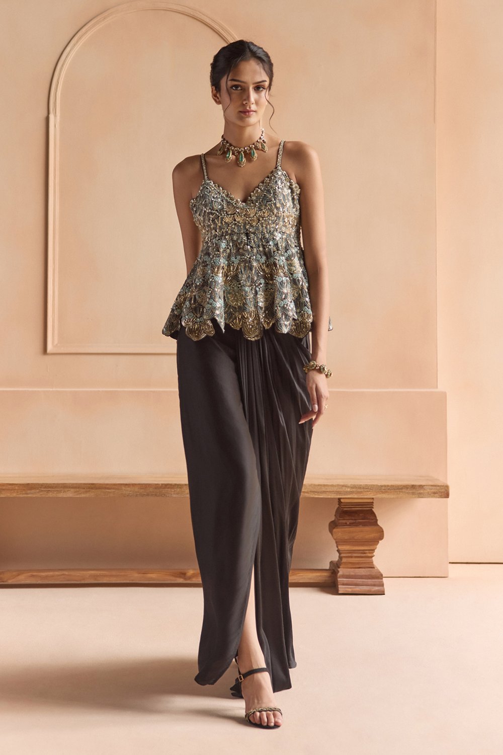 Black Embroidered Peplum Set