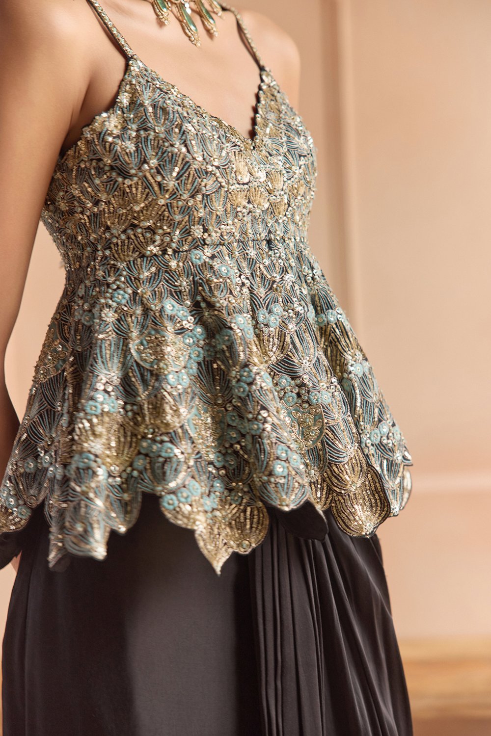 Black Embroidered Peplum Set