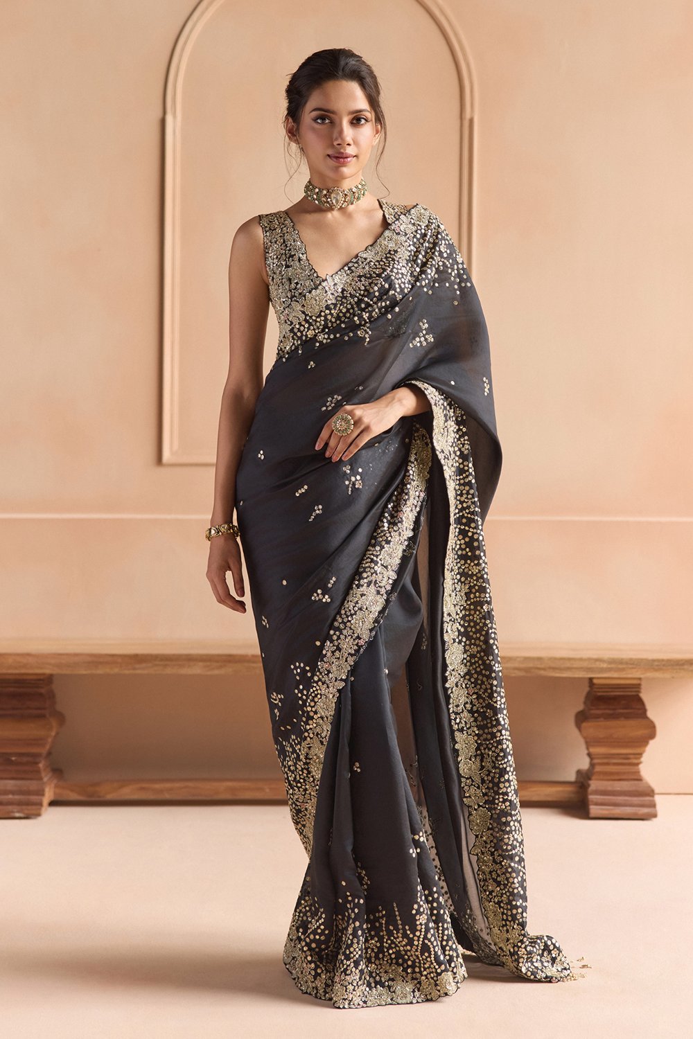Black Embroidered Saree Set