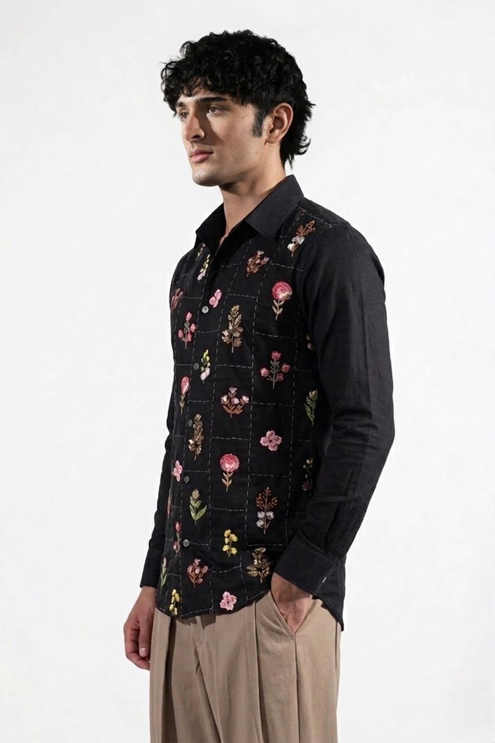 Black Floral Embroidered Shirt
