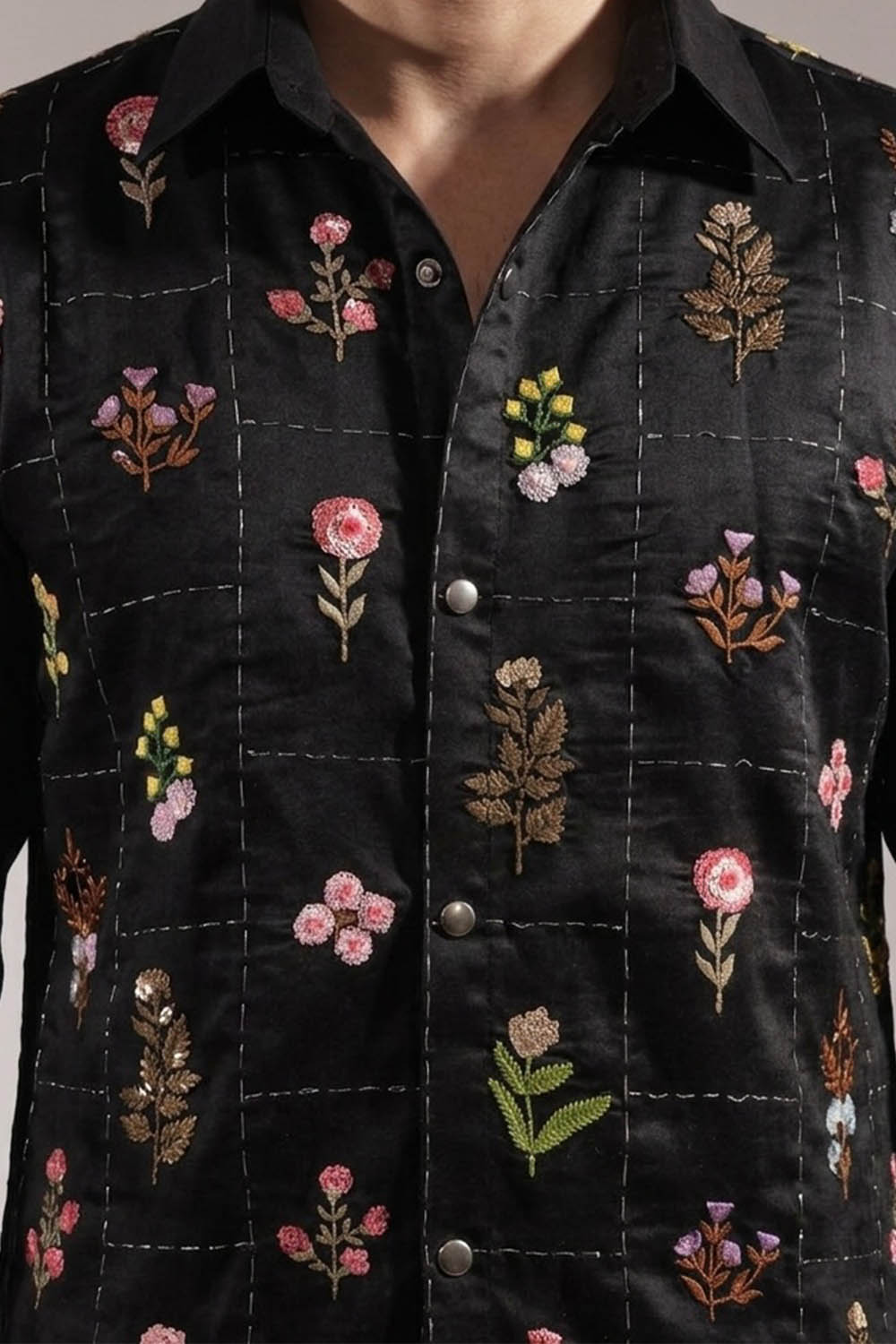 Black Floral Embroidered Shirt