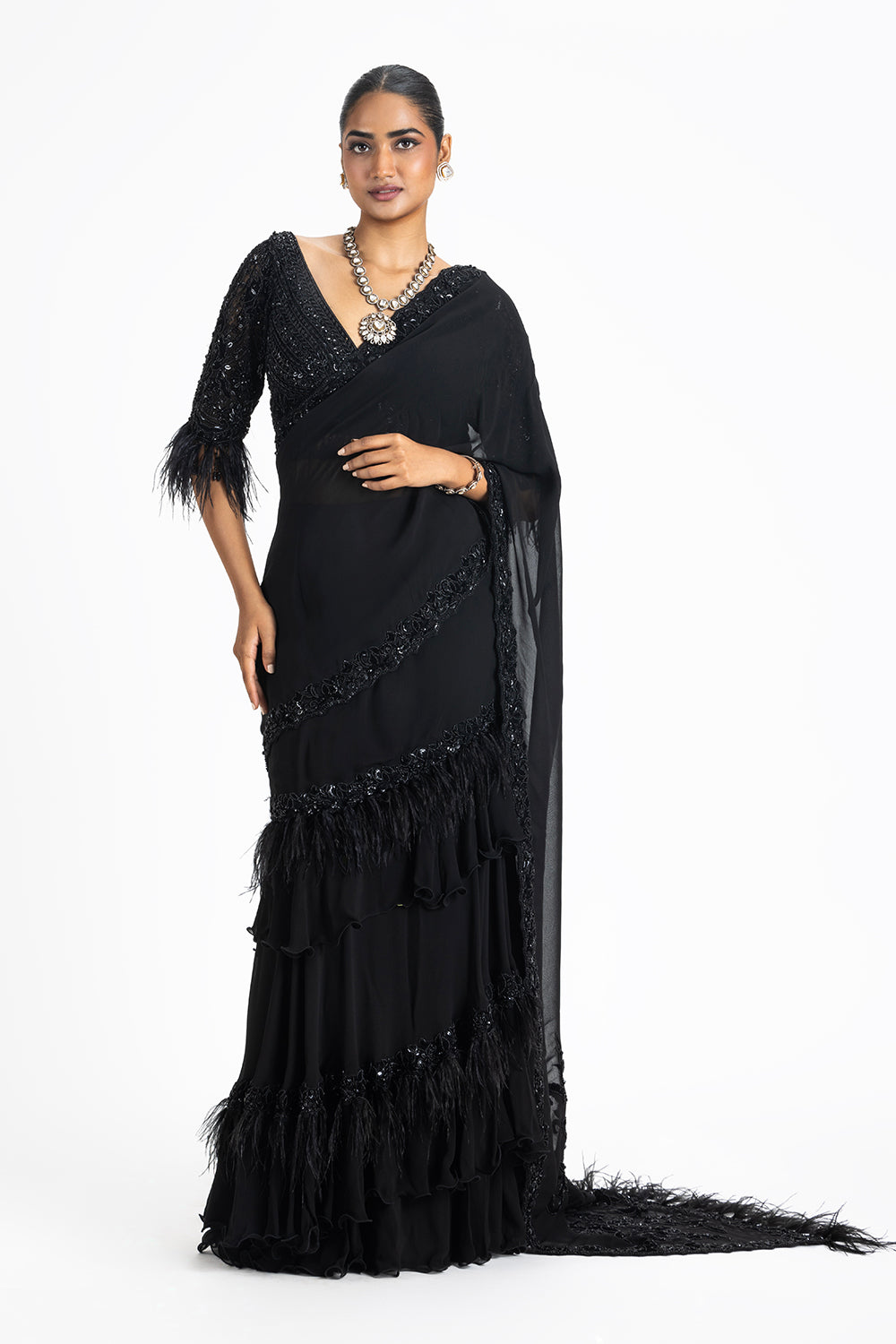 Black Geogette Tierred Skirt Saree