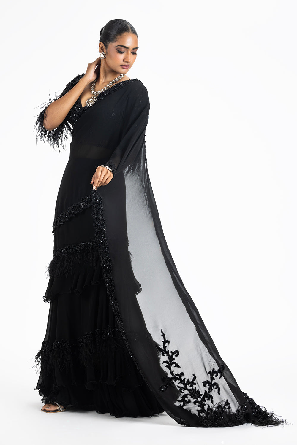 Black Geogette Tierred Skirt Saree