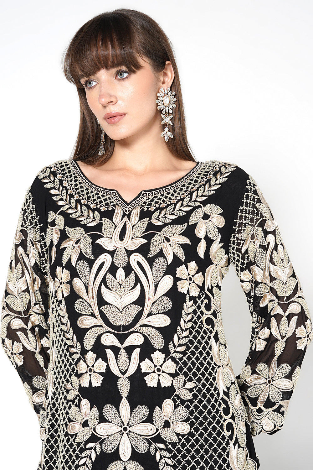 Black Georgette Heavily Embroidered Kurta Set With Scalloped Hem Detail