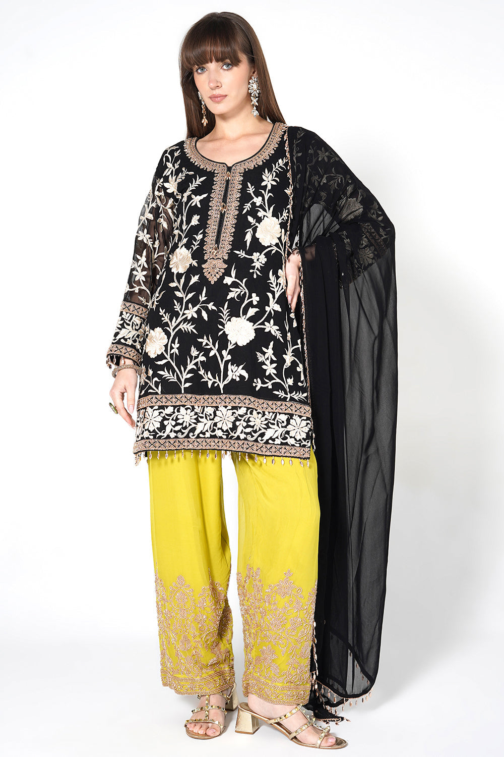 Black Georgette Kurta Set With Contrast Lime Green Embroidered Straight Pants