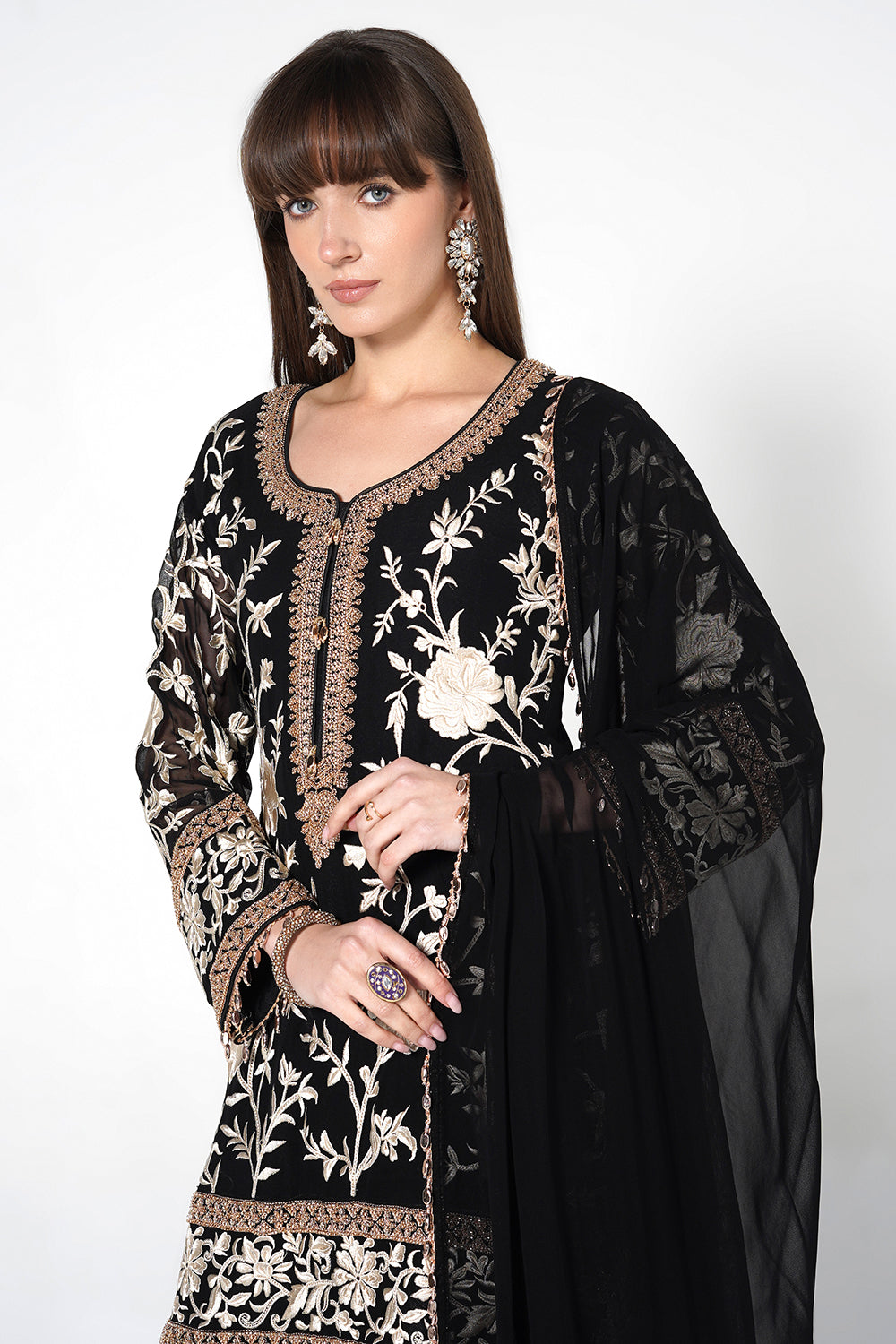 Black Georgette Kurta Set With Contrast Lime Green Embroidered Straight Pants