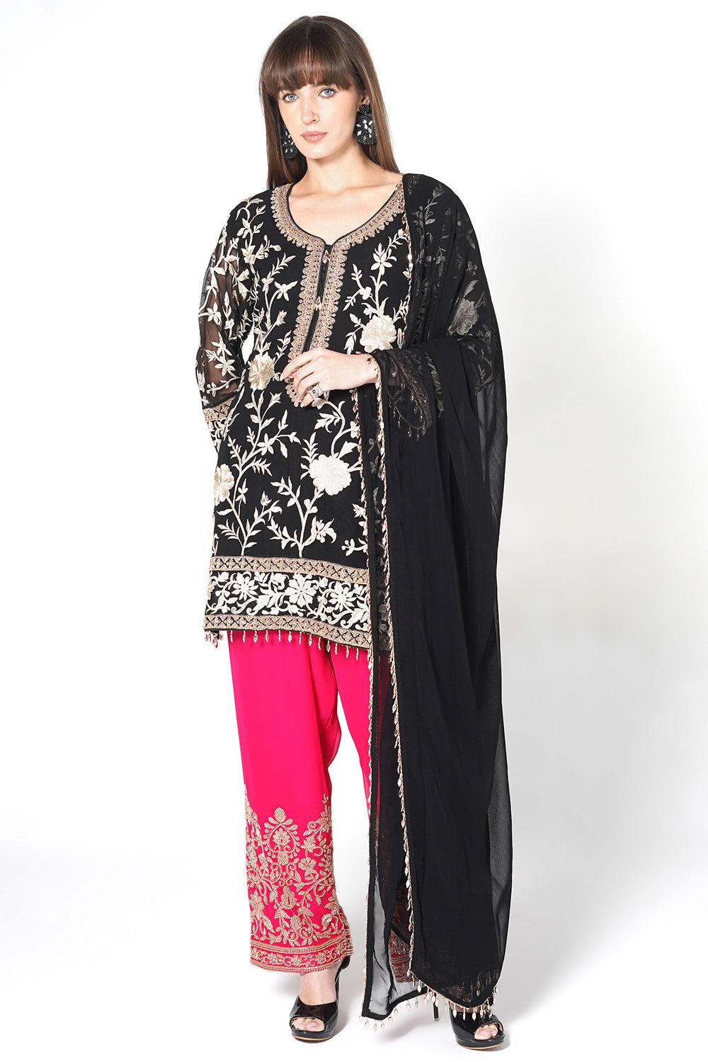 Black Georgette Kurta Set With Contrast Magenta Pink Embroidered Straight Pants