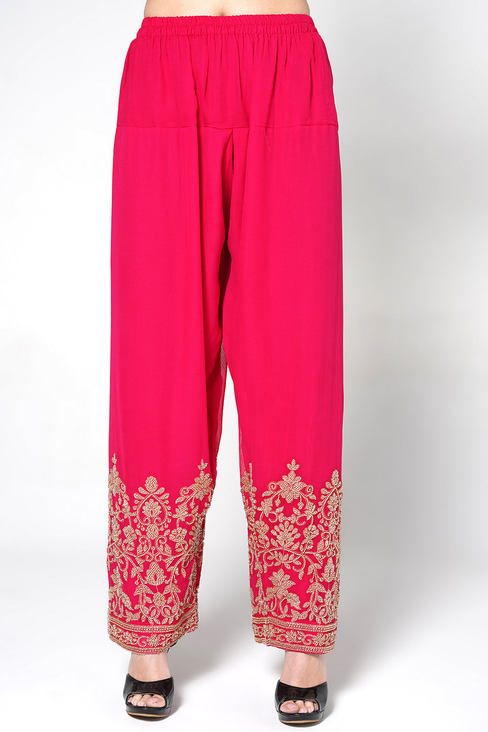 Black Georgette Kurta Set With Contrast Magenta Pink Embroidered Straight Pants
