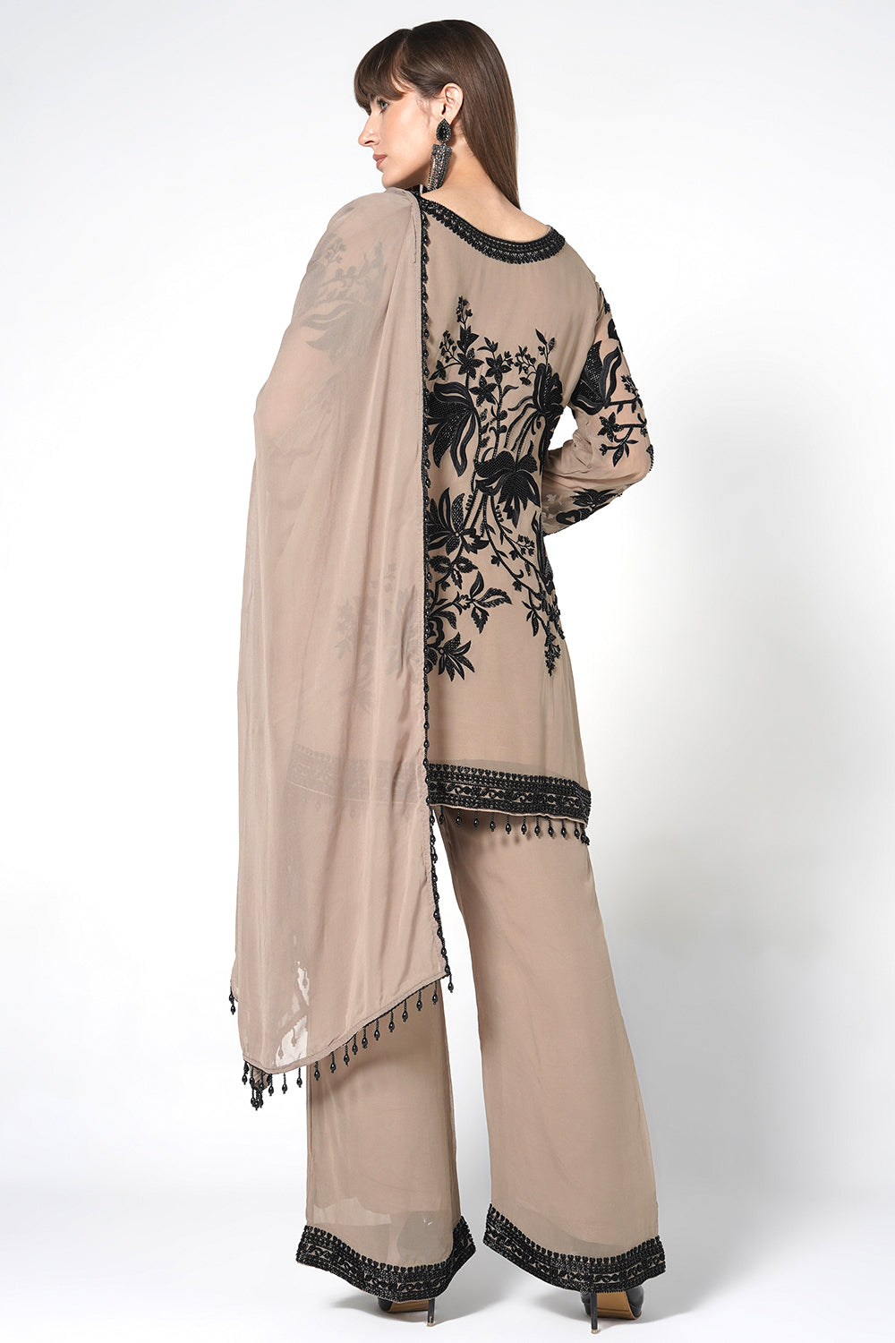 Black Georgette Kurta Set With Contrast White Embroidery And Matching Dupatta