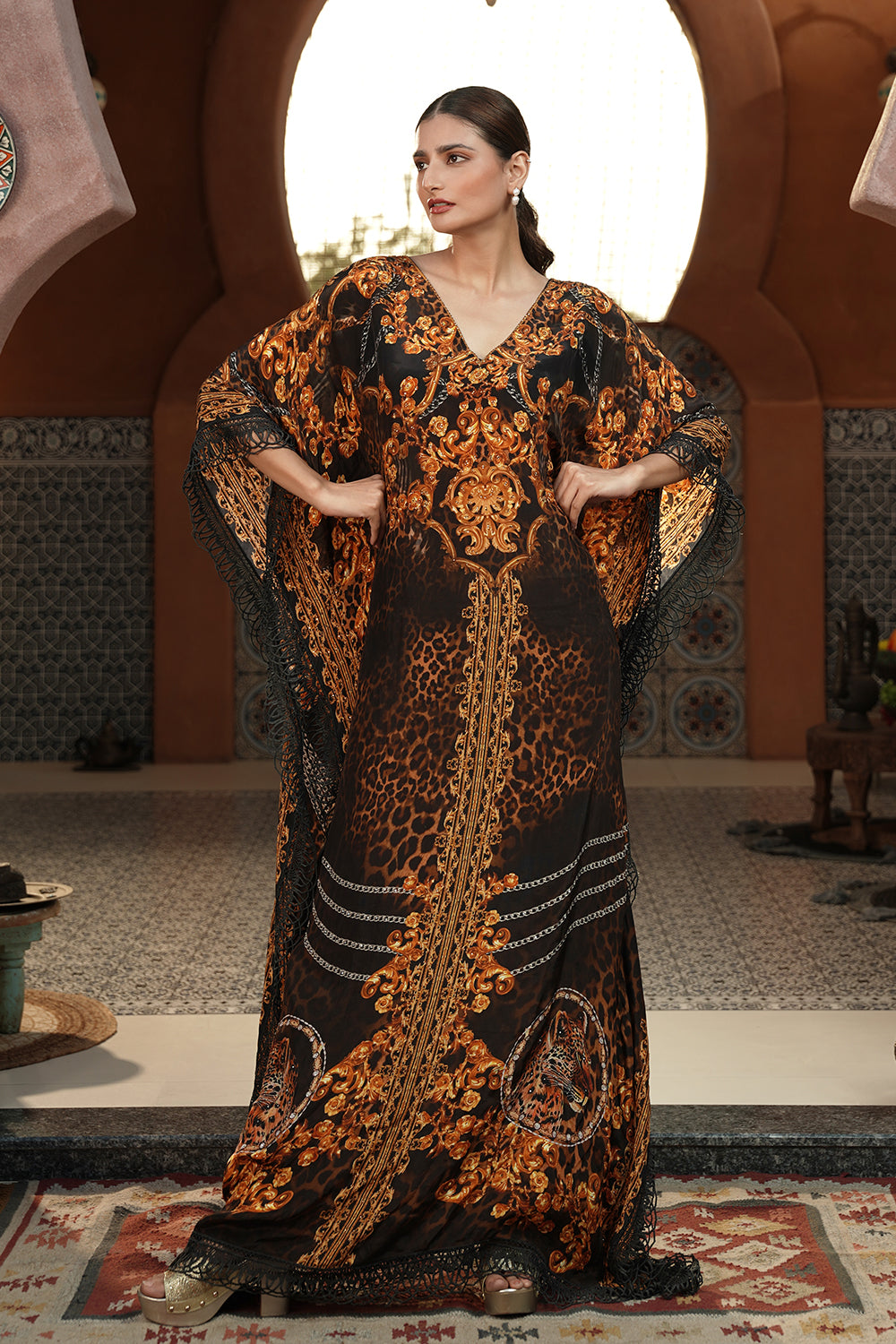 Black & Gold Printed Kaftan Gown
