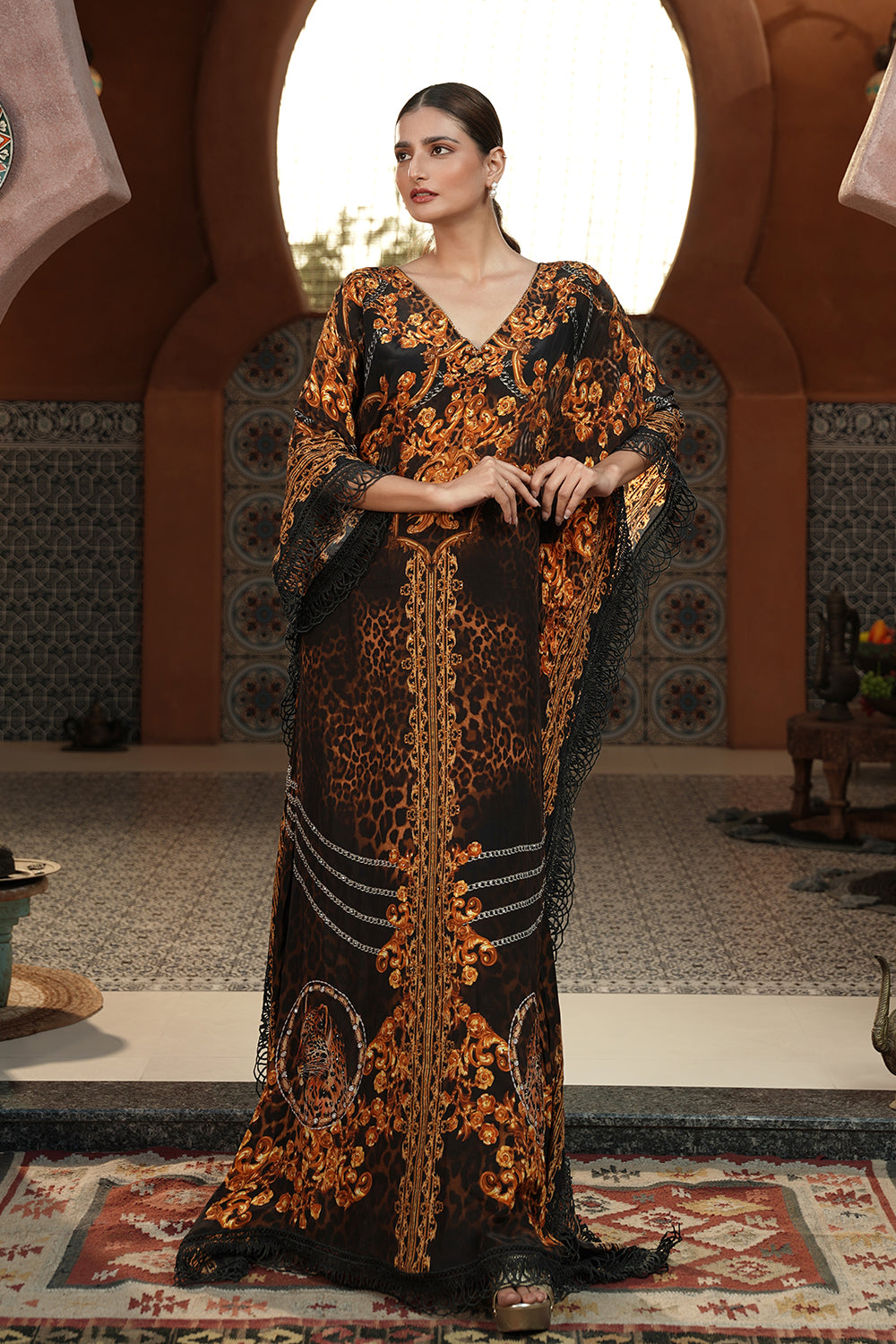 Black & Gold Printed Kaftan Gown
