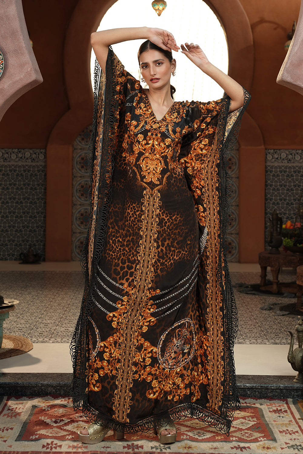 Black & Gold Printed Kaftan Gown