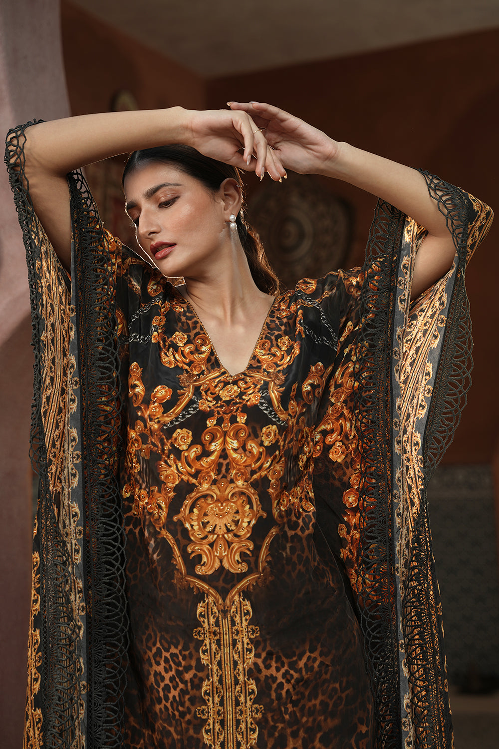Black & Gold Printed Kaftan Gown