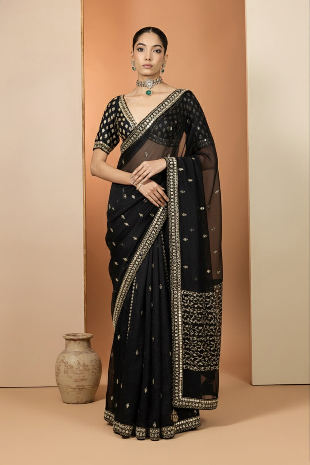 Black Hand Embroidered Saree Set