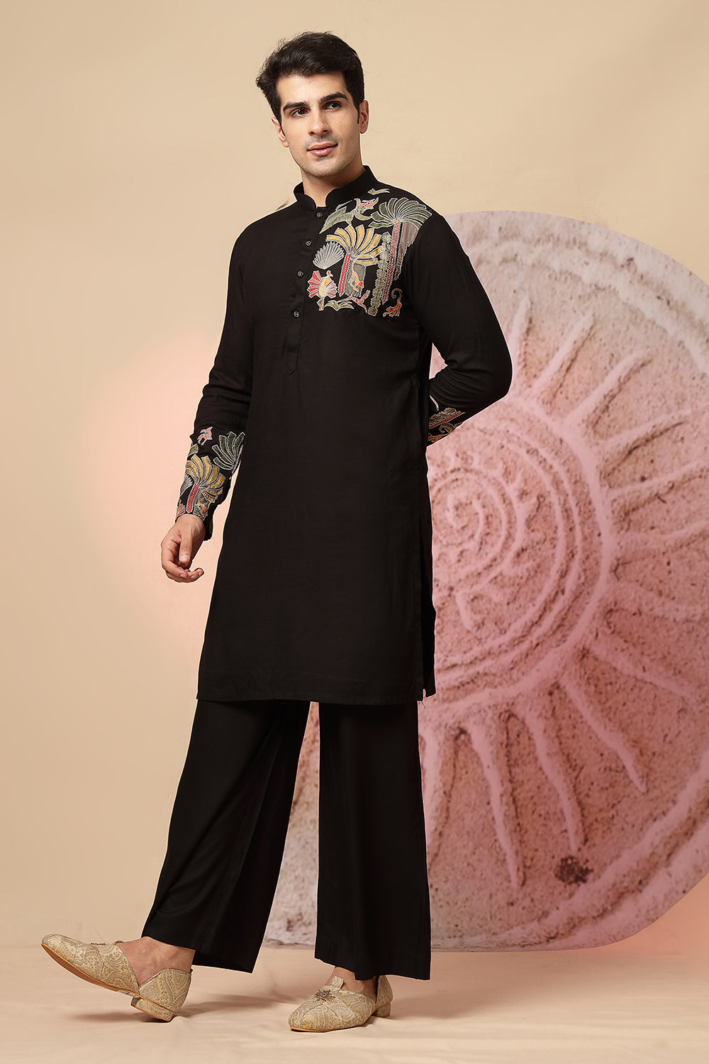 Black Indo-Western Kurta Set With Embroidered Nehru Jacket