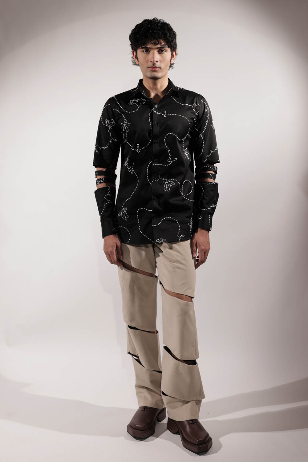 Black Kantha Embroidered shirt with levitating details on sleeves